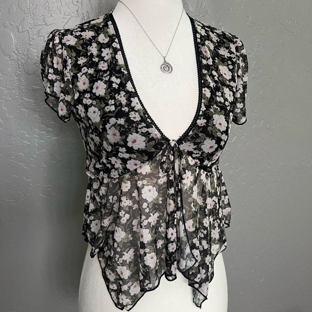 Floral Sheer V-Neck Tie-Front Top - Black